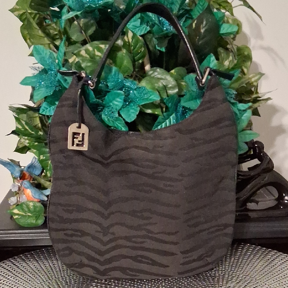 Fendi Vintage Black Zebra-Pattern Hobo Bag with Silver Charm